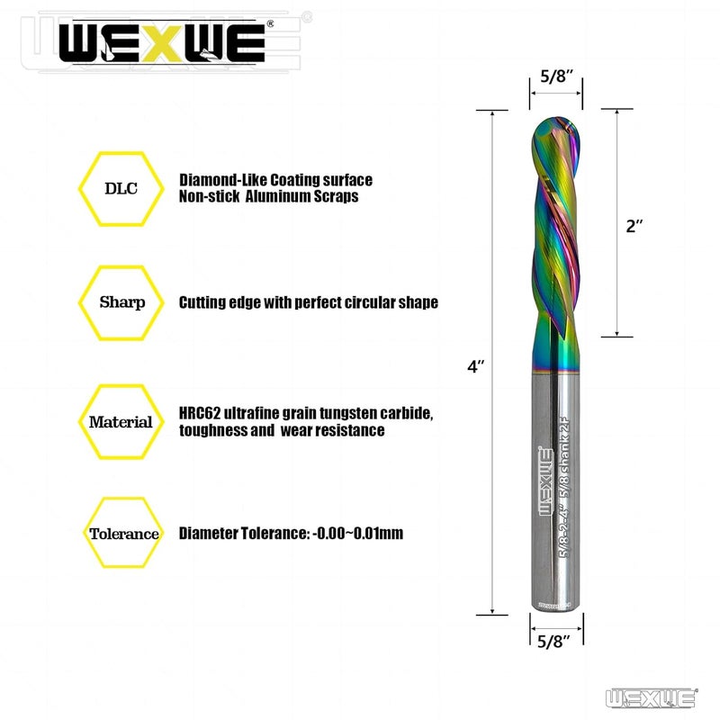 WEXWE Tools Extra Long Ball Nose Carbide End Mill, CNC Cutting Tools for Aluminum Cutting,Wood Cutting, More Wear Resistant, Suit for 3D Carving & Engraving. 2 Flute Router Bits (5/8-4" 1pcs - Image 2